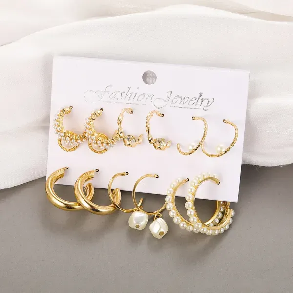 6 Pairs Golden Pearl Elegance Earring Set