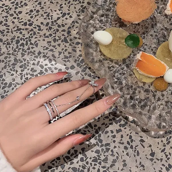 Silver Cross Chain Crystal Ring Set