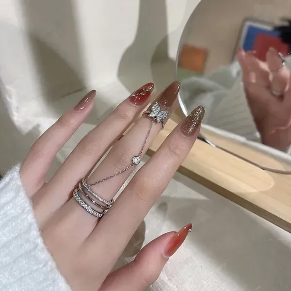 Silver Cross Chain Crystal Ring Set