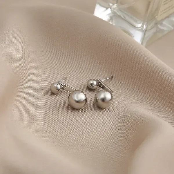 Silver Double Ball Drop Earrings
