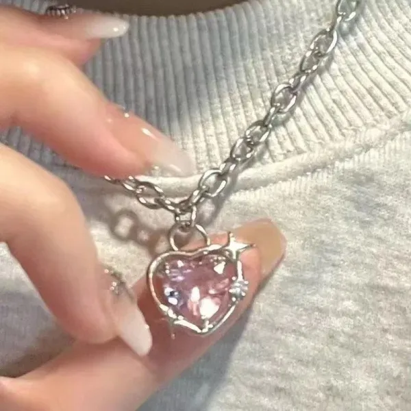 Pink Crystal Heart Pendant Necklace