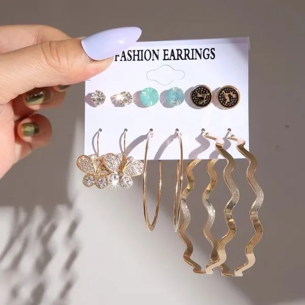 6 Pairs Retro Rhinestone Gold Earrings Set