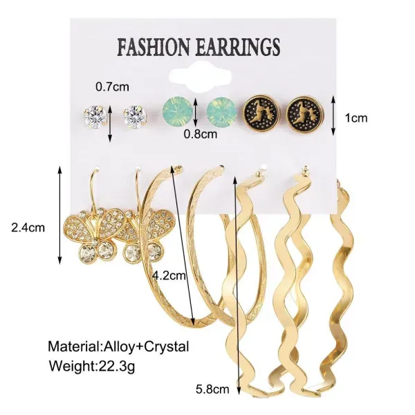 6 Pairs Retro Rhinestone Gold Earrings Set