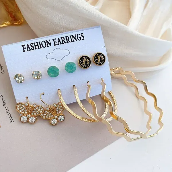 6 Pairs Retro Rhinestone Gold Earrings Set