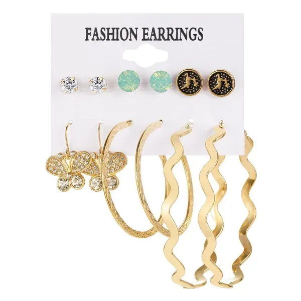 6 Pairs Retro Rhinestone Gold Earrings Set