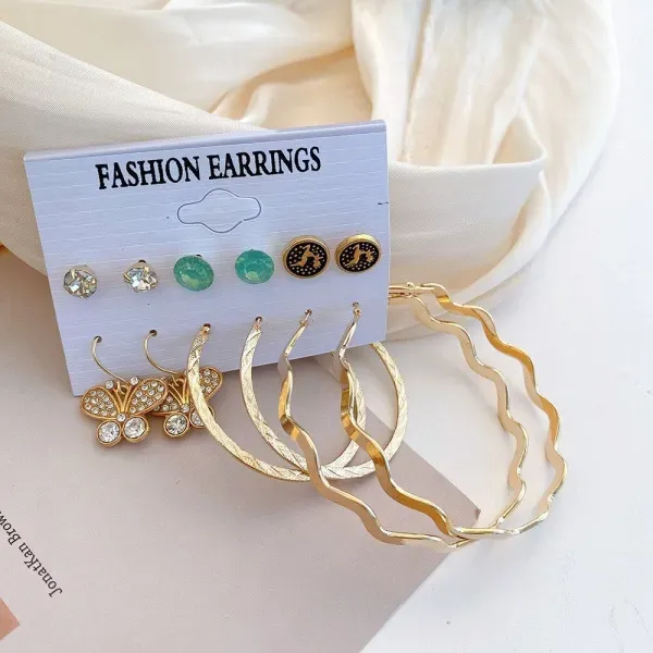 6 Pairs Retro Rhinestone Gold Earrings Set