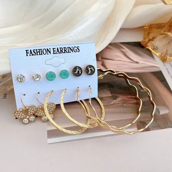 6 Pairs Retro Rhinestone Gold Earrings Set