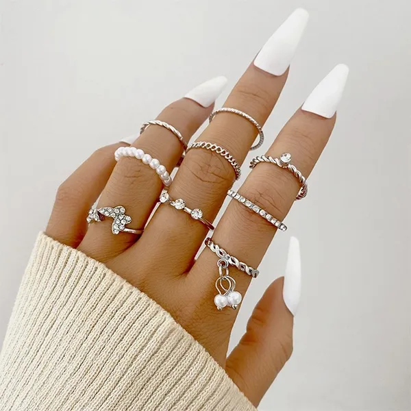 9 Pieces Elegant Silver Crystal Ring Set
