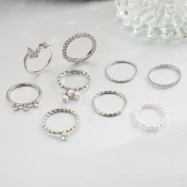 9 Pieces Elegant Silver Crystal Ring Set