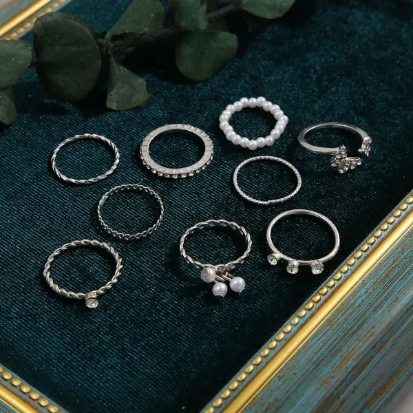 9 Pieces Elegant Silver Crystal Ring Set