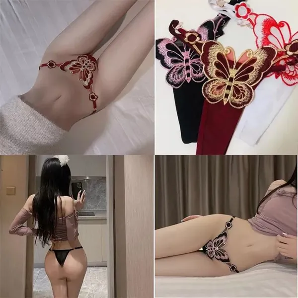 Elegant Butterfly Embroidered Red Adjustable Sexy G-String
