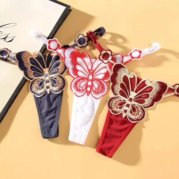 Elegant Butterfly Embroidered Red Adjustable Sexy G-String