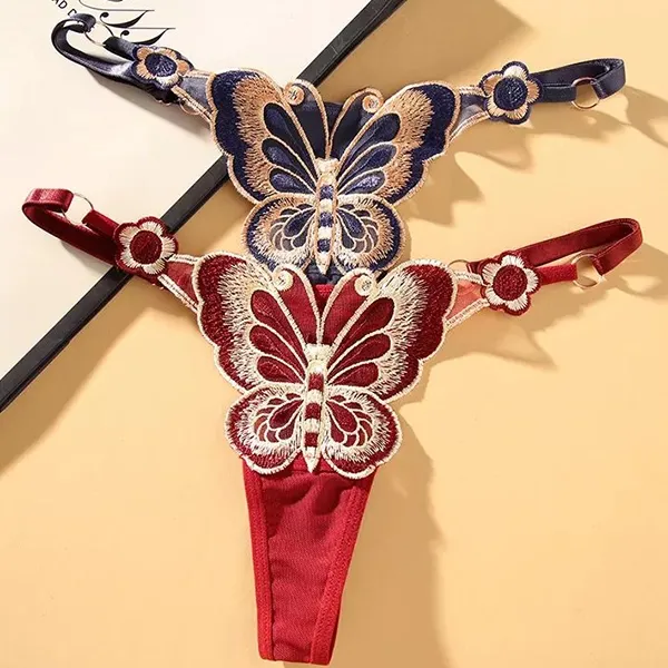 Elegant Butterfly Embroidered Red Adjustable Sexy G-String