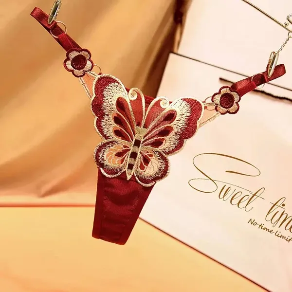 Elegant Butterfly Embroidered Red Adjustable Sexy G-String