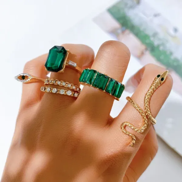 Green Crystal Snake Ring Set