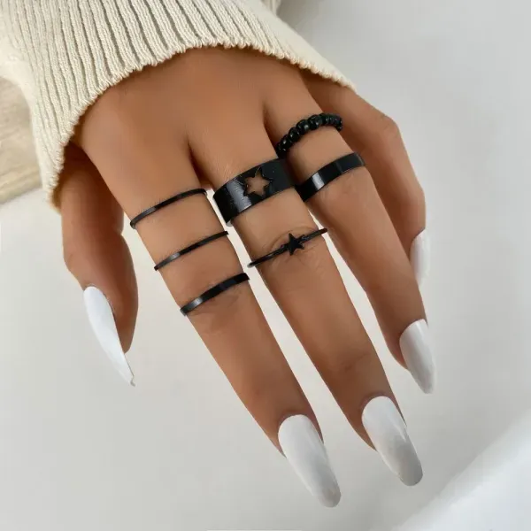 7 Pieces Black Star Silver Ring Set