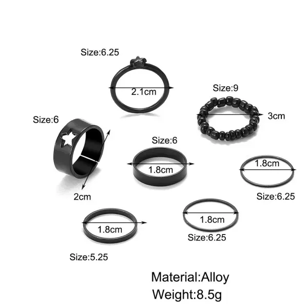 7 Pieces Black Star Silver Ring Set