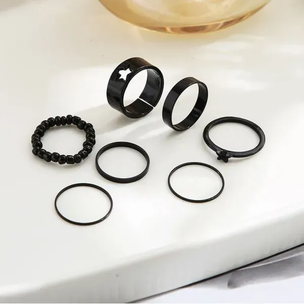 7 Pieces Black Star Silver Ring Set
