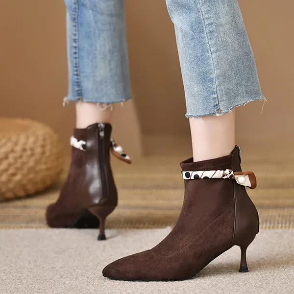 Elegant Pointed Toe Ankle Boots - Kitten Heel Shoes