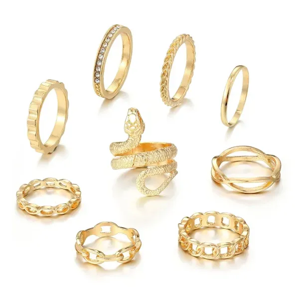 9 Piece Golden Serpent Crystal Ring Set
