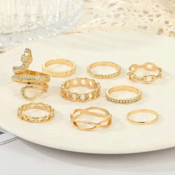 9 Piece Golden Serpent Crystal Ring Set