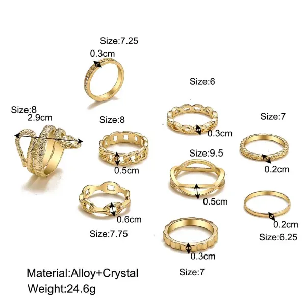 9 Piece Golden Serpent Crystal Ring Set