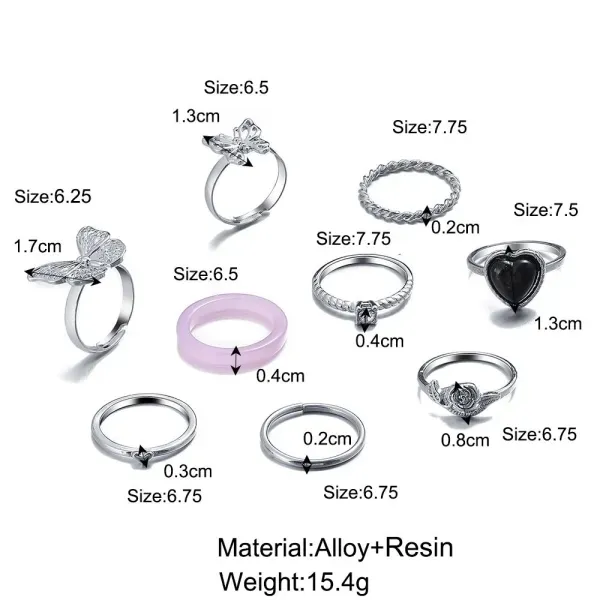 9 Piece Butterfly and Heart Rings Set