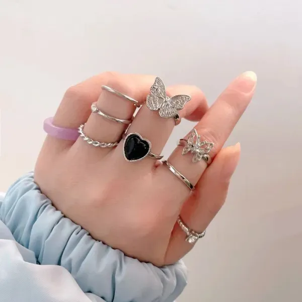 9 Piece Butterfly and Heart Rings Set