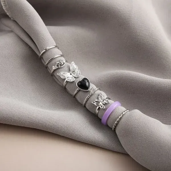 9 Piece Butterfly and Heart Rings Set