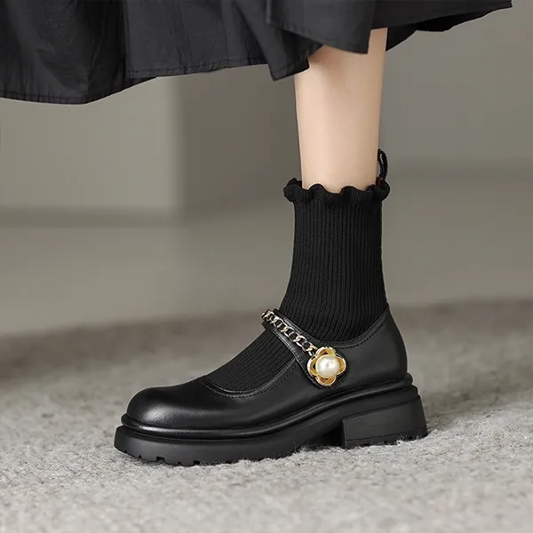 Women's Black Fashion Sock Boots with Pearl Chain