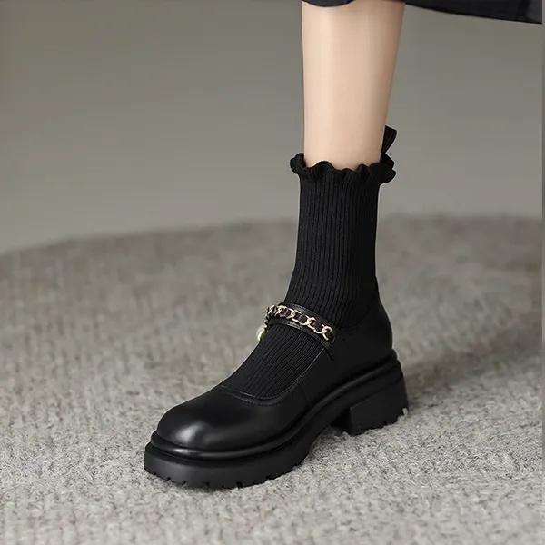 Women's Black Fashion Sock Boots with Pearl Chain
