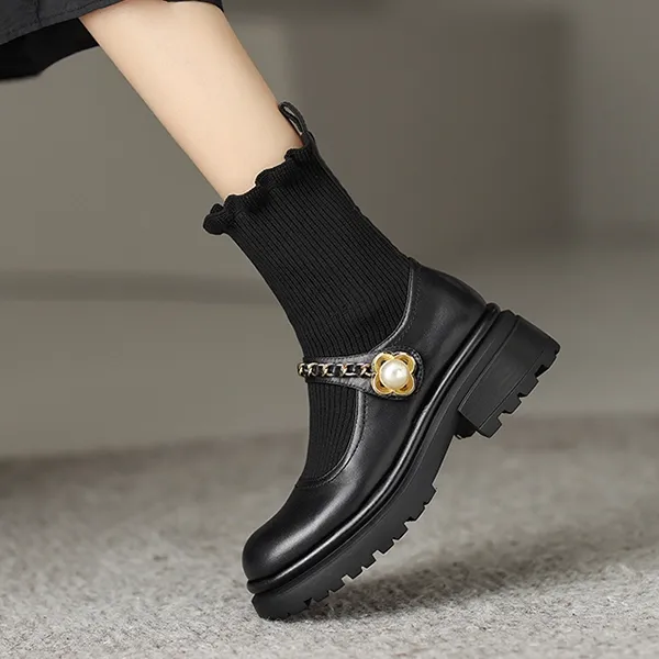 Women's Black Fashion Sock Boots with Pearl Chain