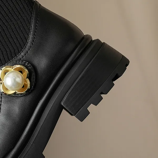 Women's Black Fashion Sock Boots with Pearl Chain