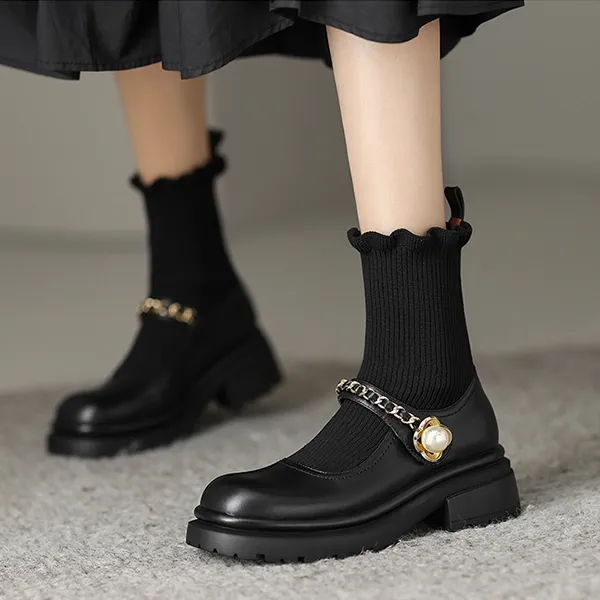 Women's Black Fashion Sock Boots with Pearl Chain