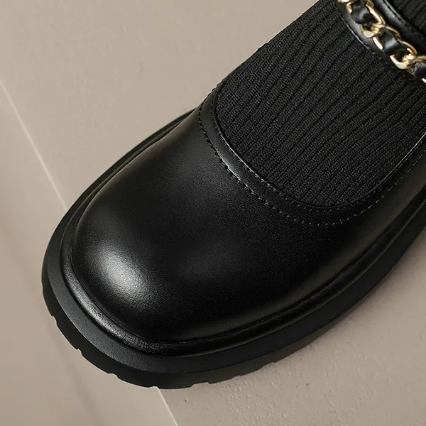 Women's Black Fashion Sock Boots with Pearl Chain