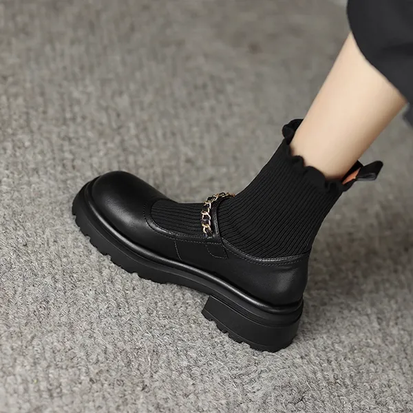 Women's Black Fashion Sock Boots with Pearl Chain