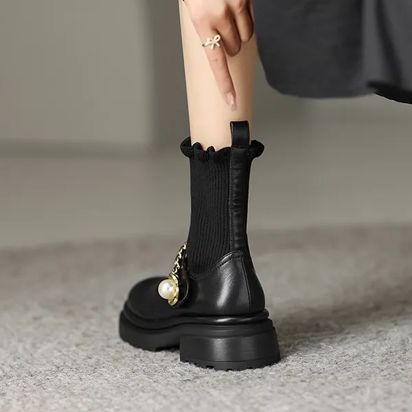 Women's Black Fashion Sock Boots with Pearl Chain