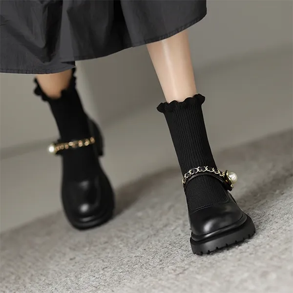 Women's Black Fashion Sock Boots with Pearl Chain