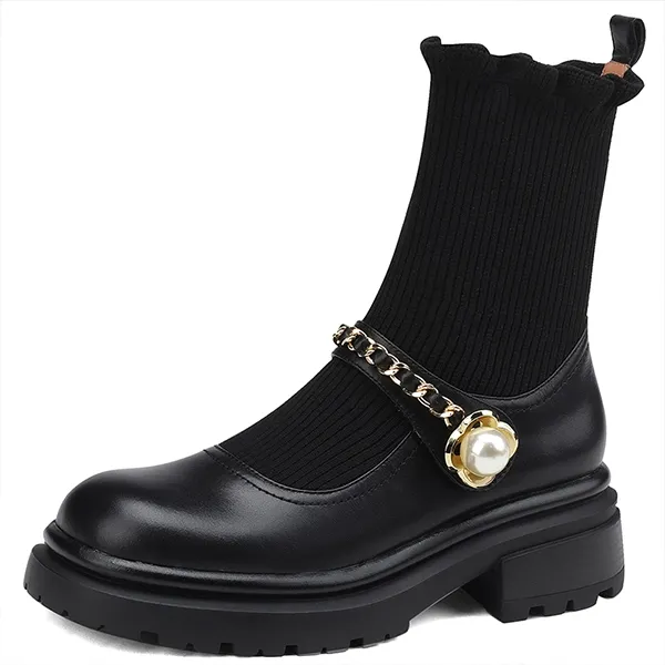 Women's Black Fashion Sock Boots with Pearl Chain