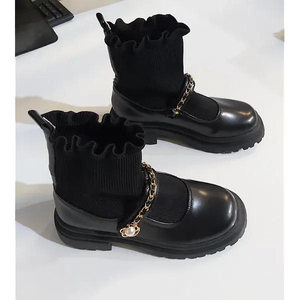 Women's Black Fashion Sock Boots with Pearl Chain