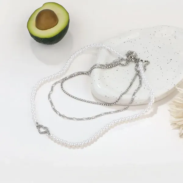 Triple Layer Heart Pearl Chain Necklace