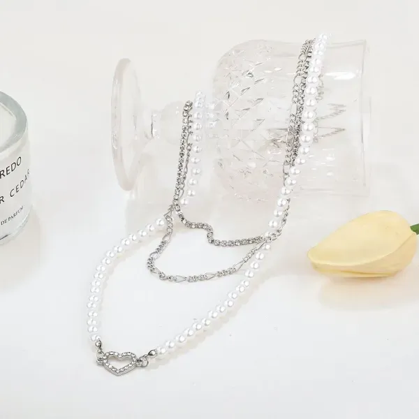 Triple Layer Heart Pearl Chain Necklace