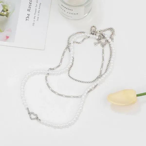 Triple Layer Heart Pearl Chain Necklace
