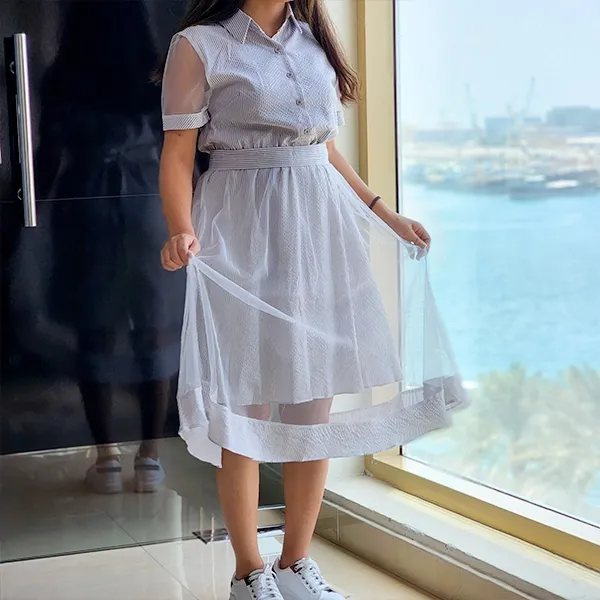 Gray Geo Pattern Button Waist Dress