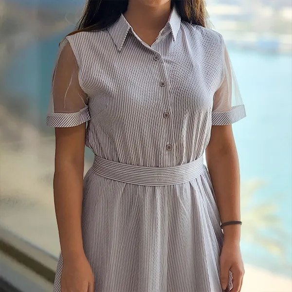 Gray Geo Pattern Button Waist Dress