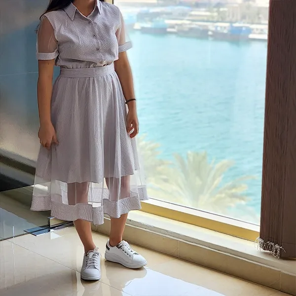 Gray Geo Pattern Button Waist Dress