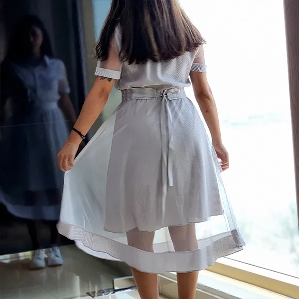 Gray Geo Pattern Button Waist Dress