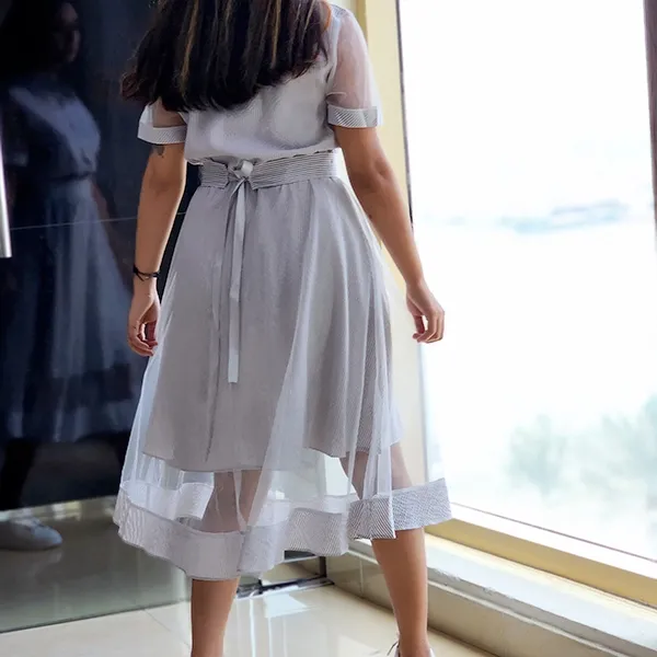 Gray Geo Pattern Button Waist Dress