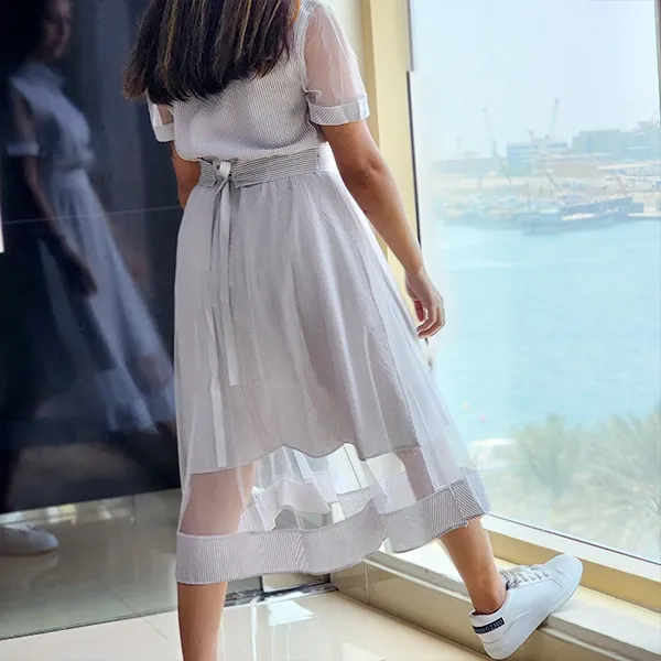 Gray Geo Pattern Button Waist Dress