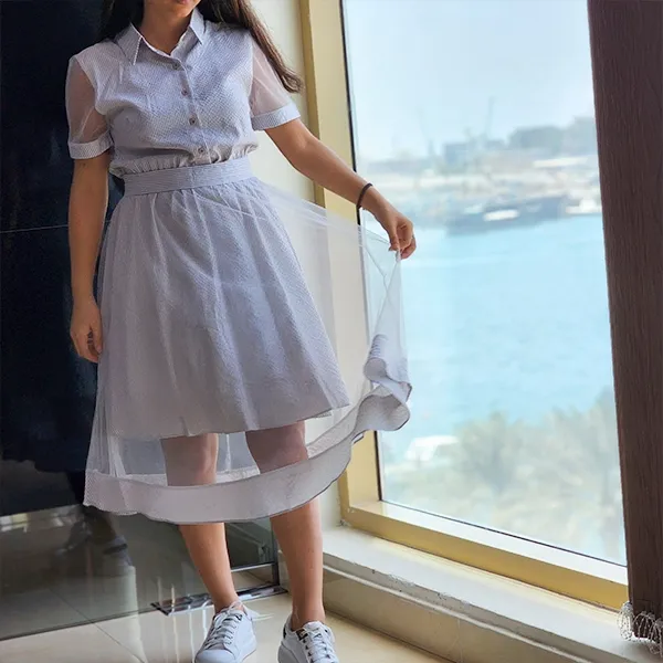 Gray Geo Pattern Button Waist Dress